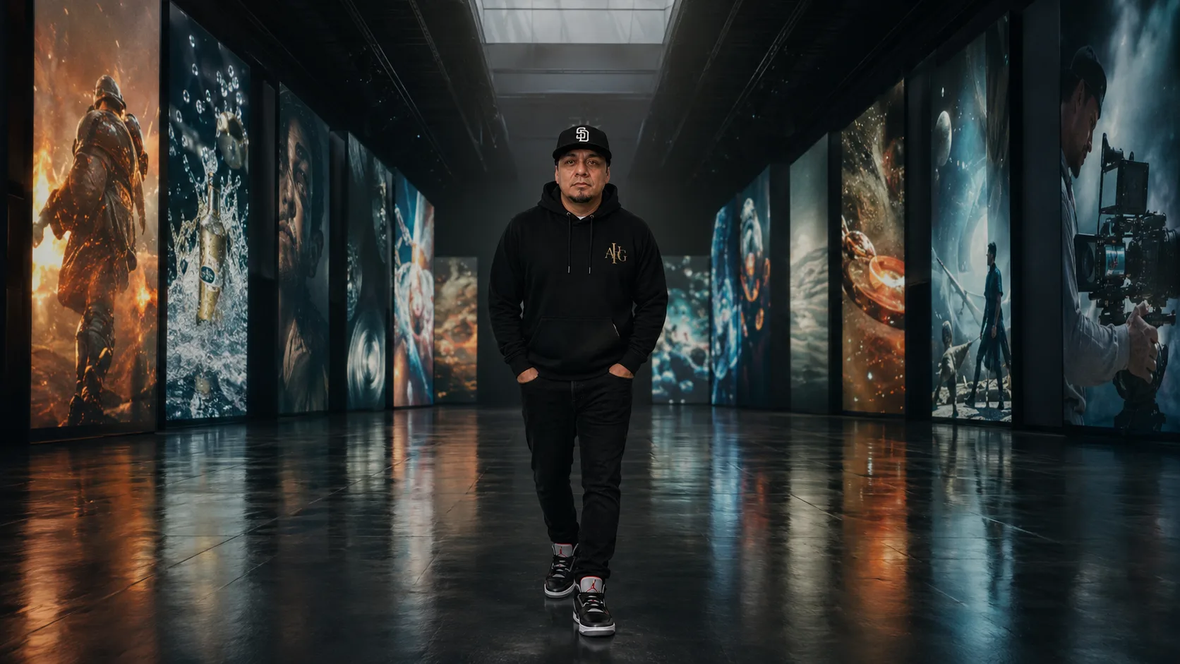 Frank Monterrosa walking through a gallery of his AI work